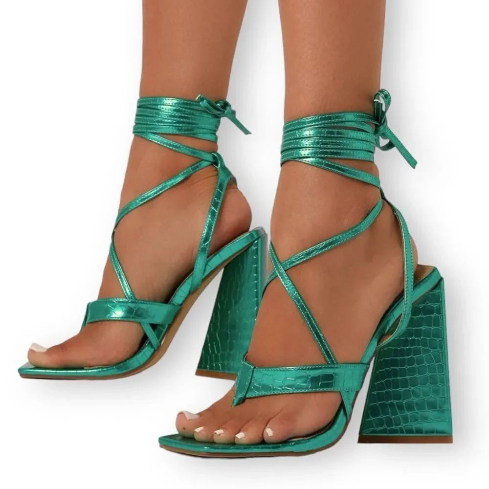 EGO Salma Teal Green Metallic Croc Pyramid Heel Tie Sandals Size 5